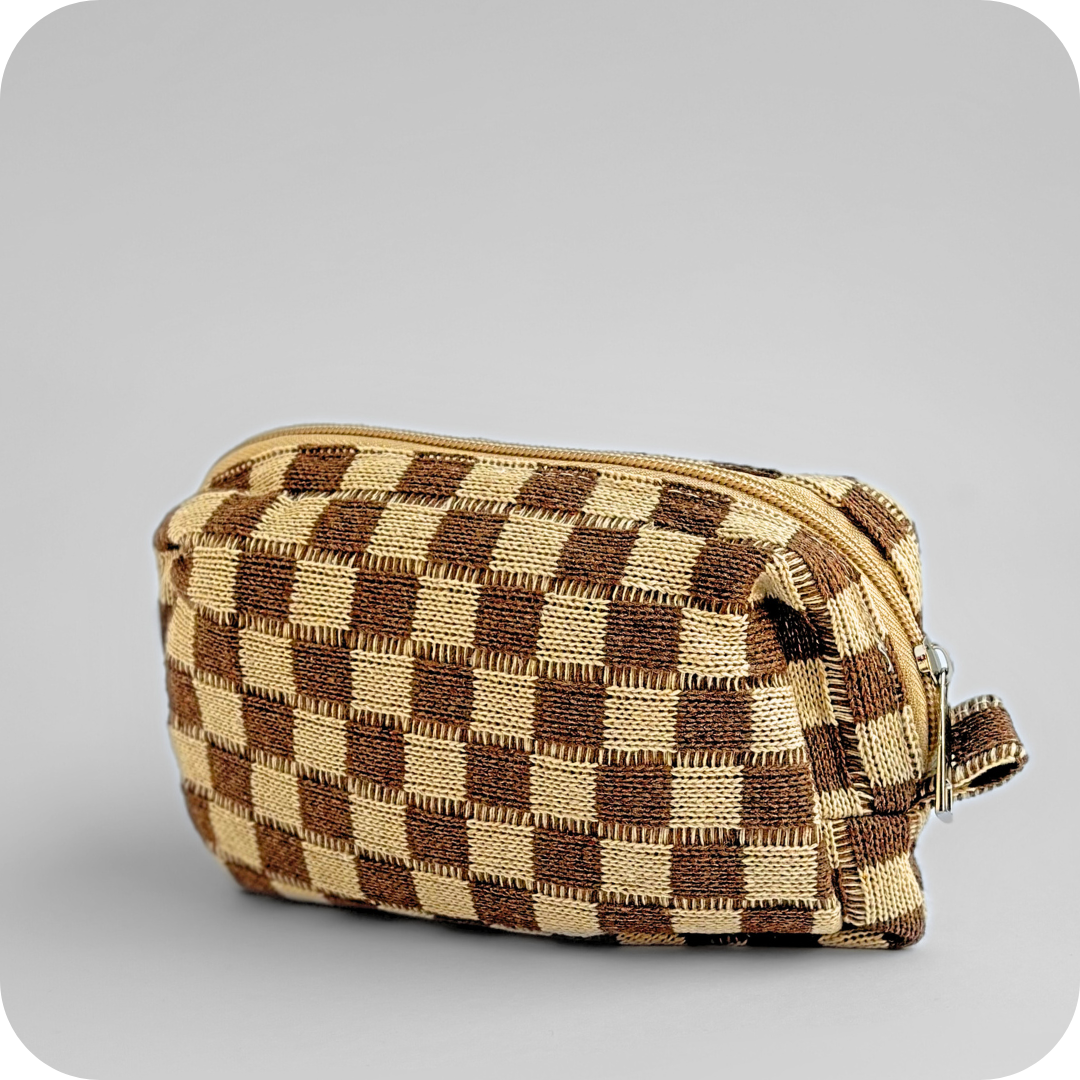 Small Checkered Skincare & Makeup Bag - Brown / Beige - Know To Glow