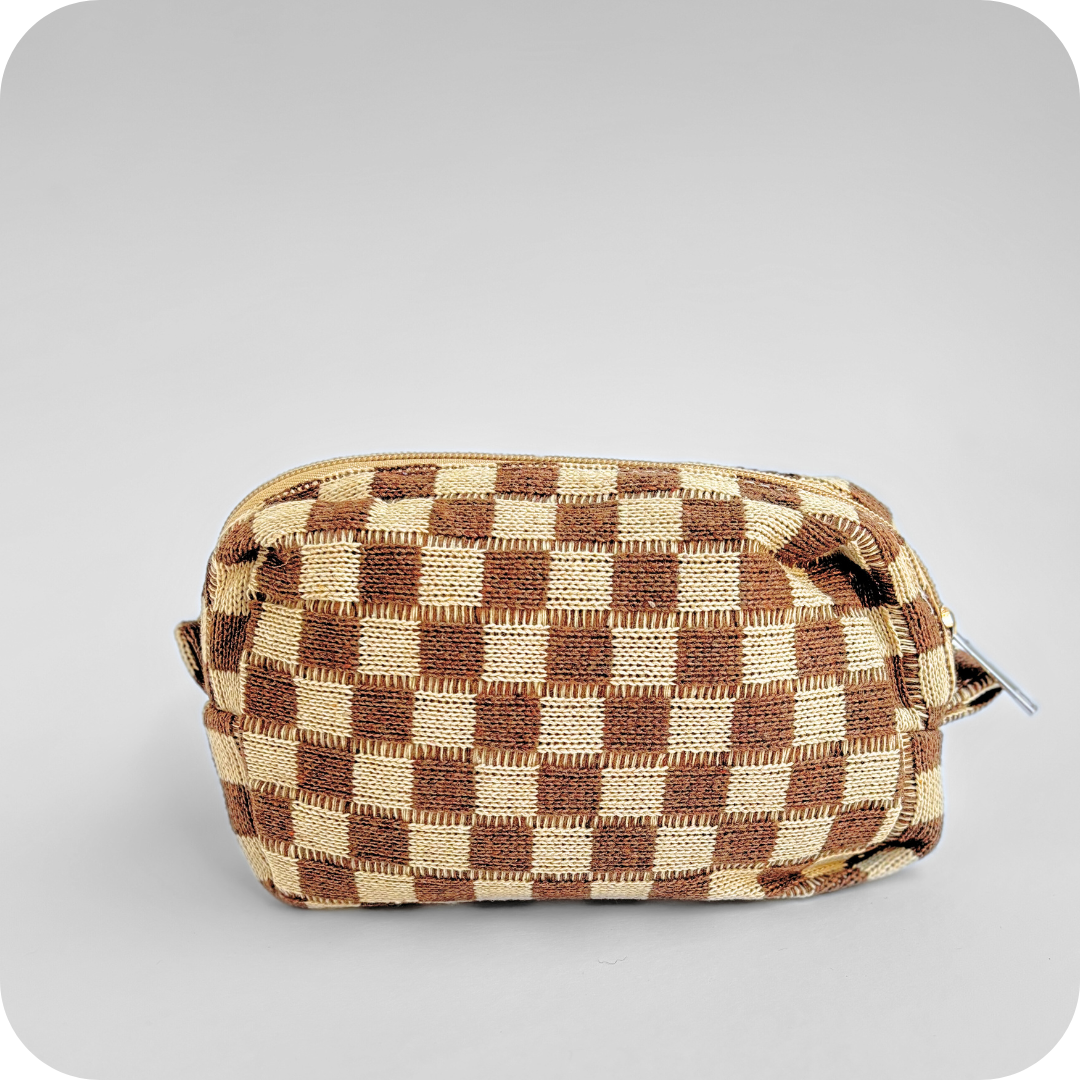 Small Checkered Skincare &amp; Makeup Bag - Brown / Beige