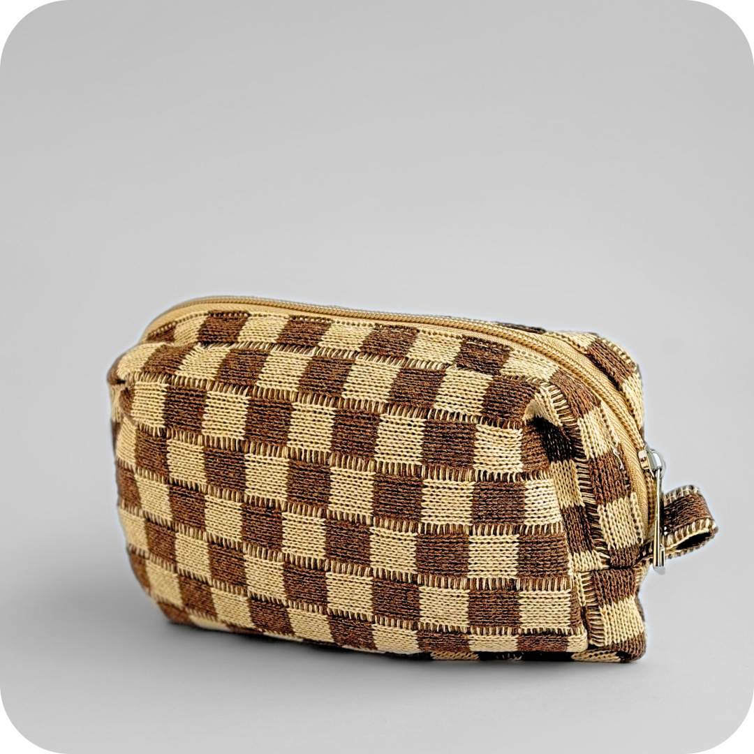 Small Checkered Skincare &amp; Makeup Bag - Brown / Beige