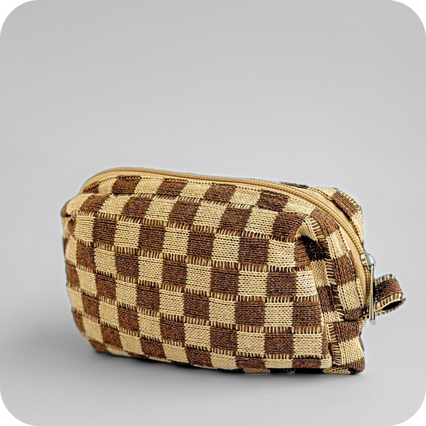 Small Checkered Skincare & Makeup Bag - Brown / Beige