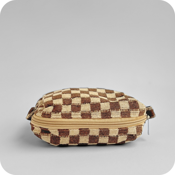 Small Checkered Skincare & Makeup Bag - Brown / Beige