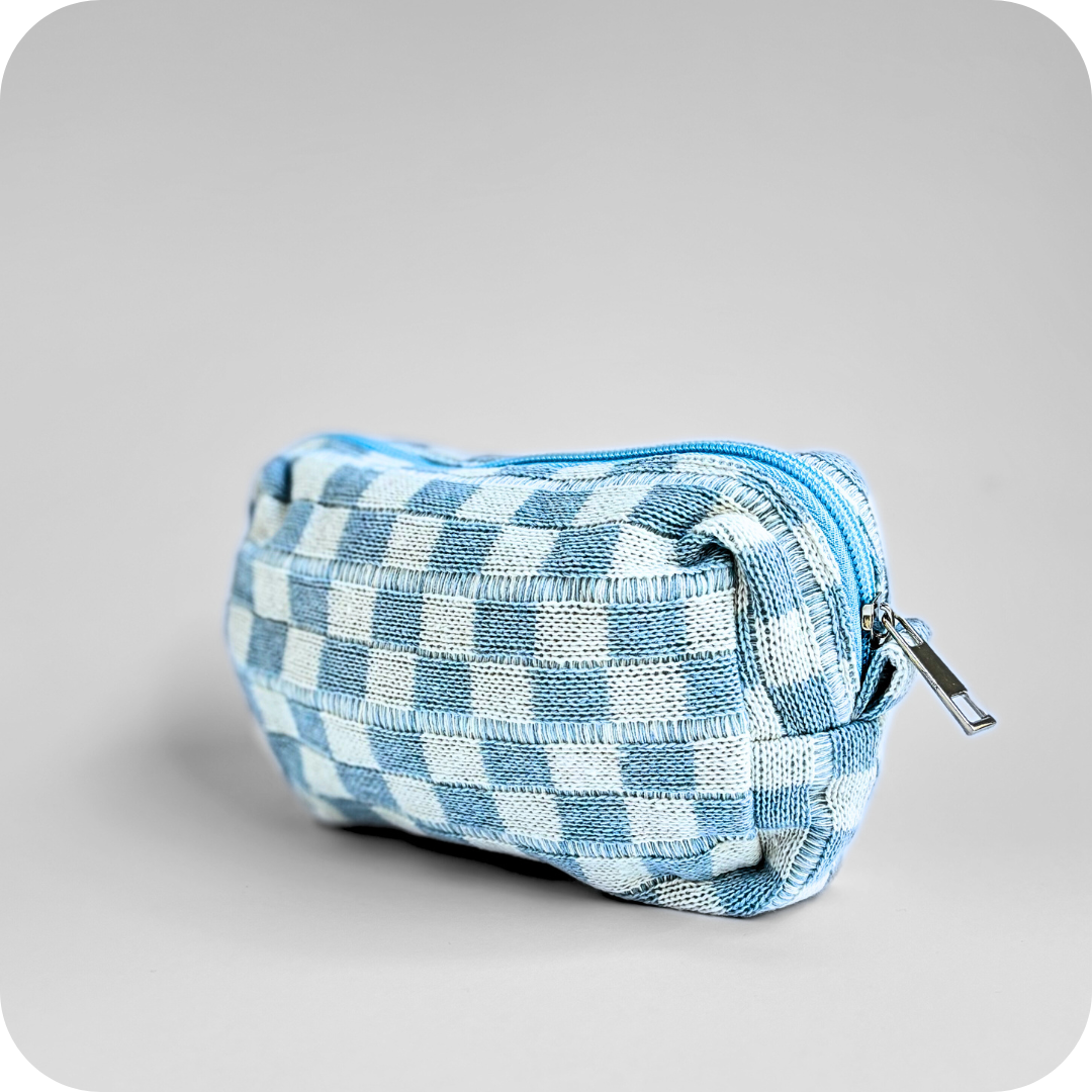 Small Checkered Skincare &amp; Makeup Bag - Light Blue